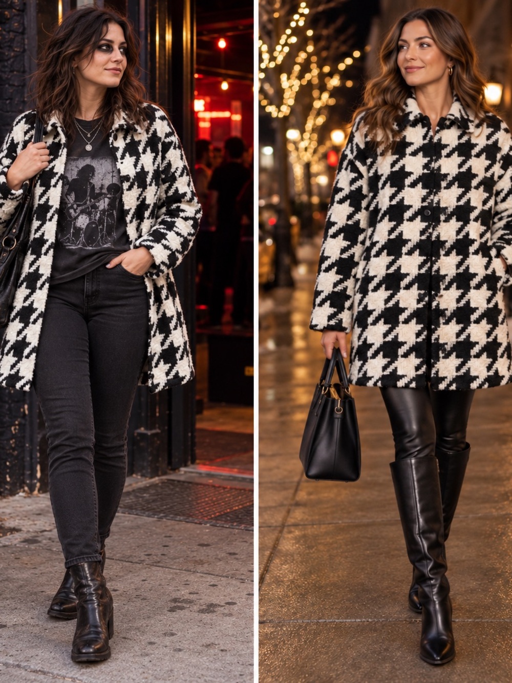 Express Large Black Cream Houndstooth Bouclé Oversized Coat Jacket
